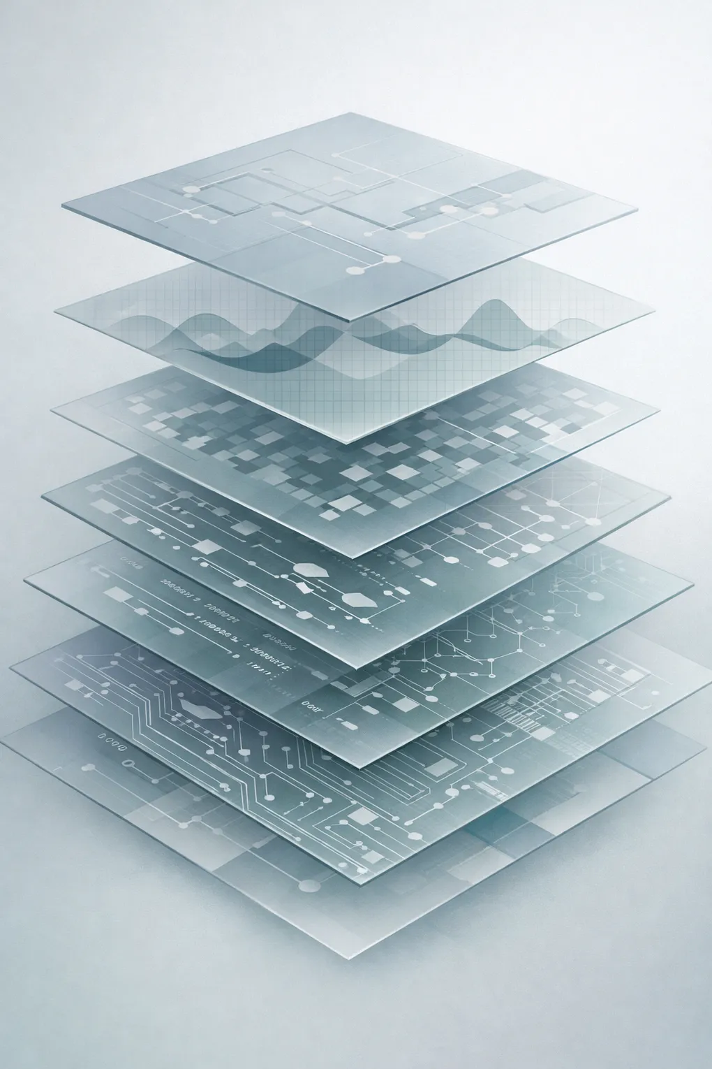 Stacked translucent layers showing different levels of abstraction, from circuit details to high-level patterns